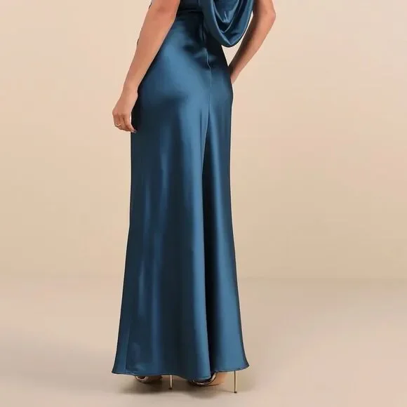 Lulus Captivating Presence Dark Teal Satin Cowl Back Maxi Dress Size Small NEW - Picture 11 of 12
